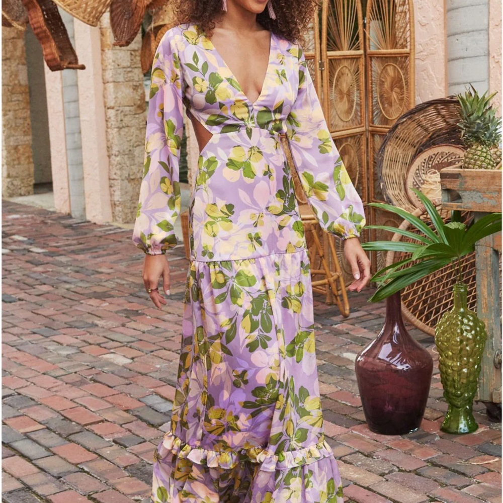 New! Venus Floral V-Neck Satin Maxi Dress with cutouts in Purple and Green